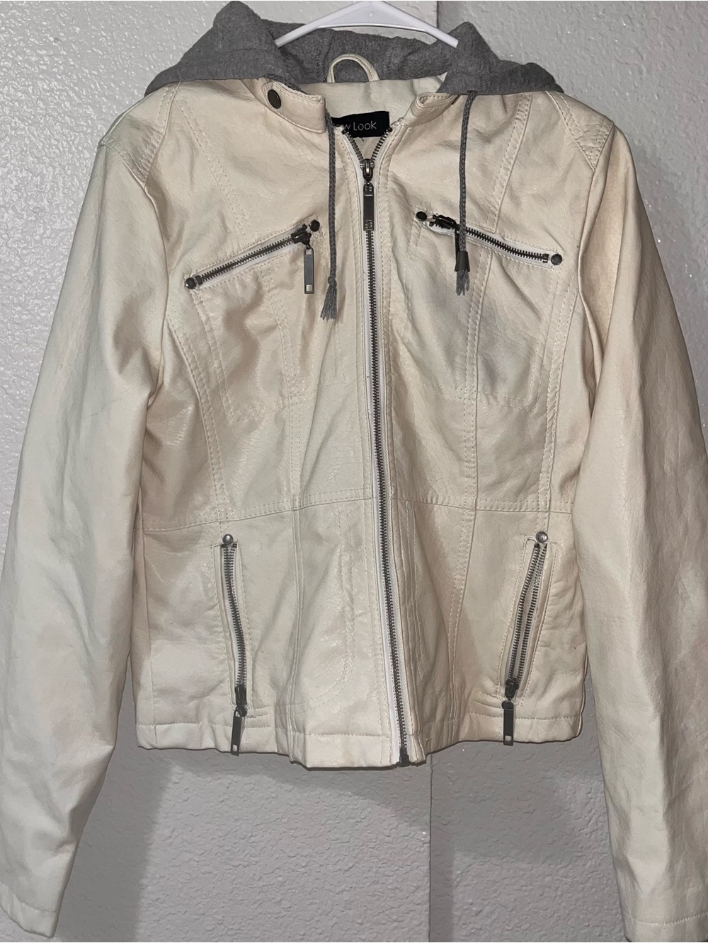 New Look Cream Faux-Leather Jacket with Grey Hood